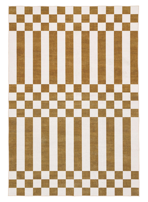 Alula Brown and White Checkered and Striped Washable Rug