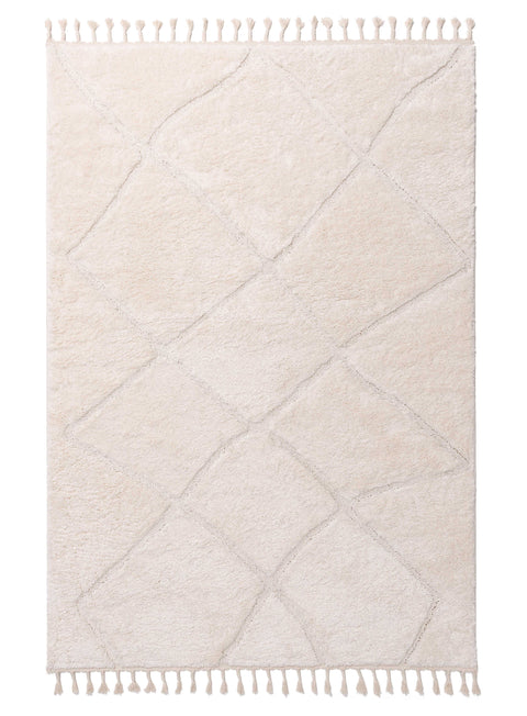 Calypso Ivory Cream Textured Tribal Tassel Rug