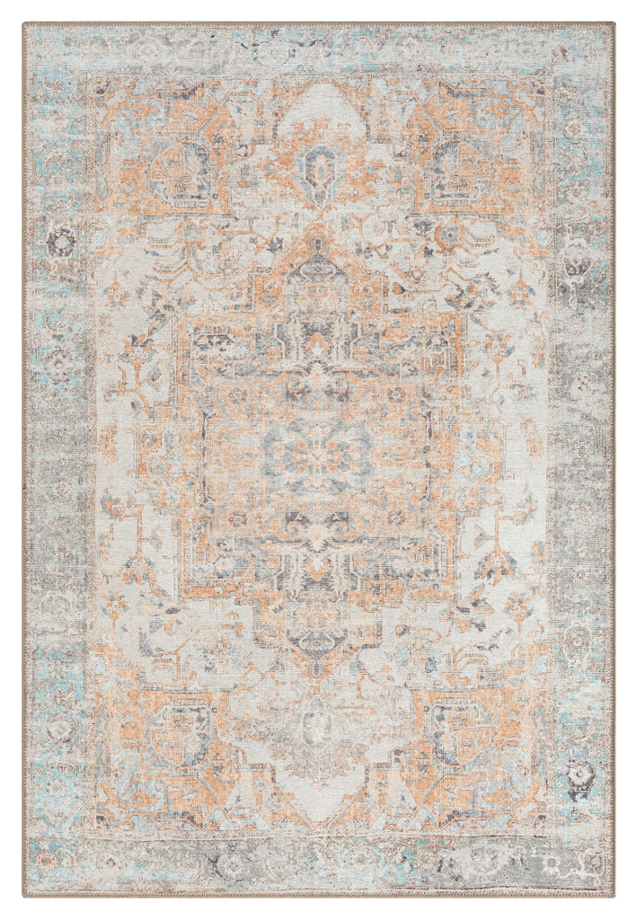 Ceren Orange and Blue Traditional Distressed Washable Rug