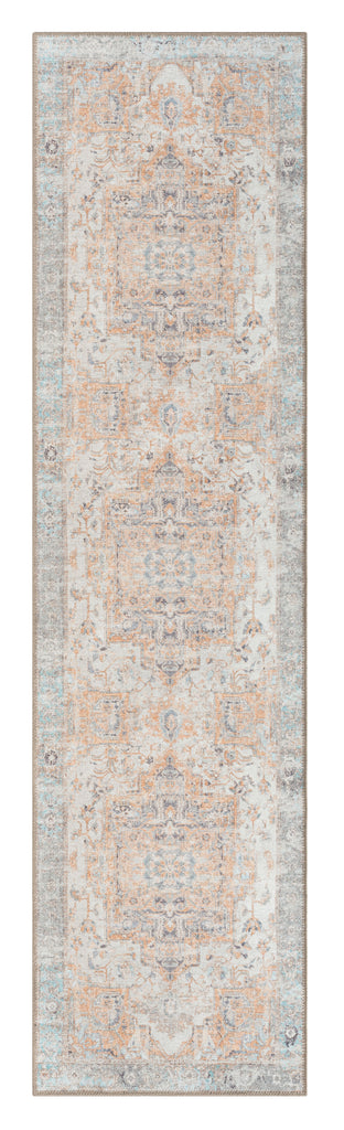 Ceren Orange and Blue Traditional Distressed Washable Runner Rug