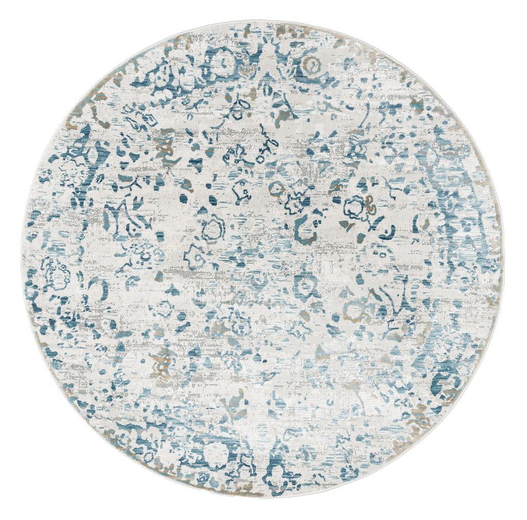 Iris Blue Grey and Beige Distressed Floral Round Rug