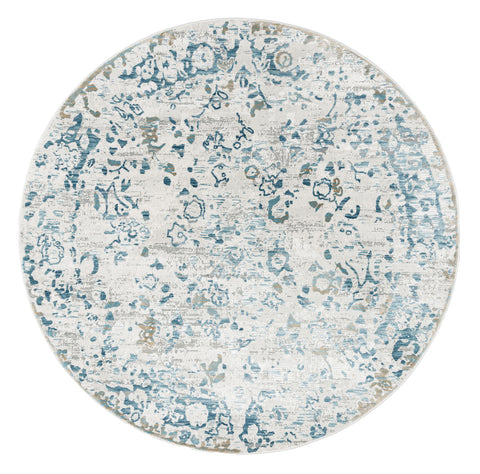 Iris Blue Grey and Beige Distressed Floral Round Rug