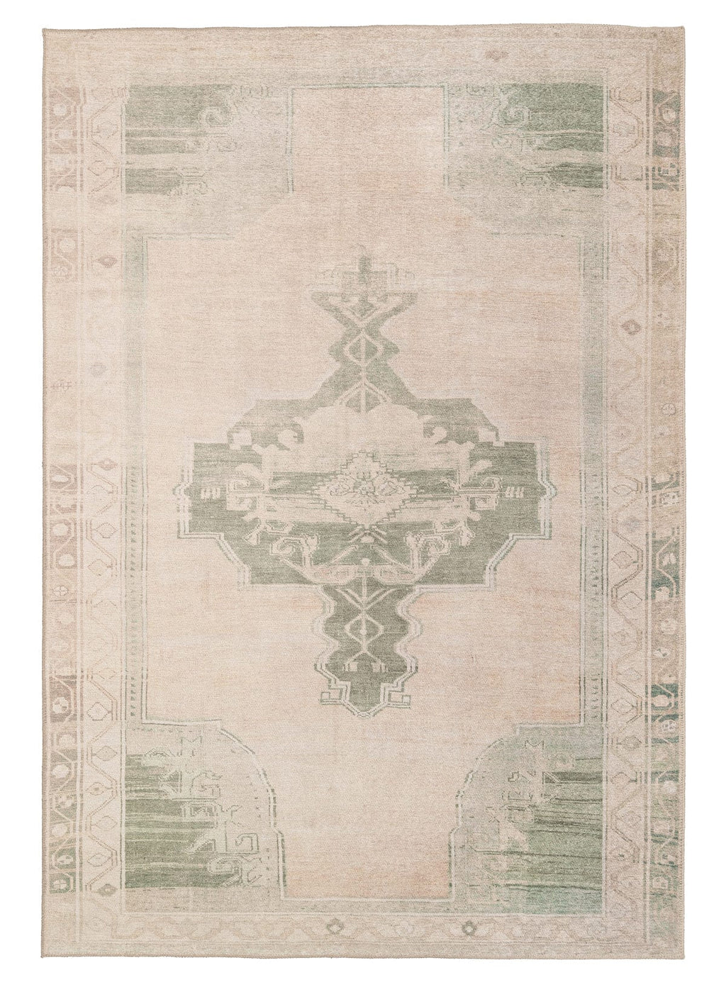 Janella Beige and Green Medallion Washable Rug