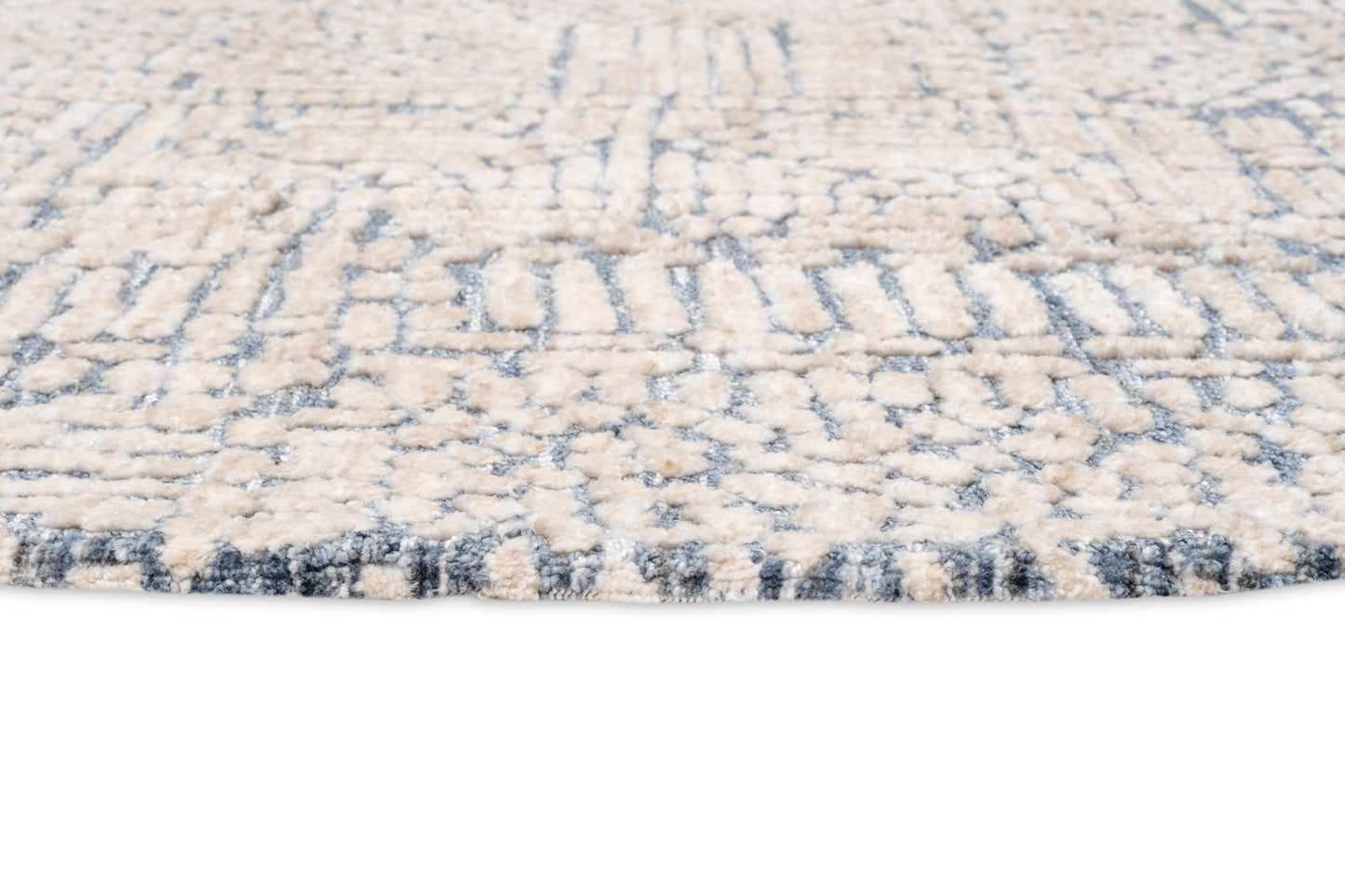 Karmen Blue and Ivory Geometric Patterned Round Rug
