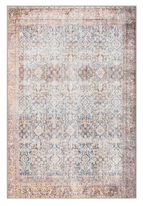 Krisna Brown and BlueTraditional Distressed Washable Rug