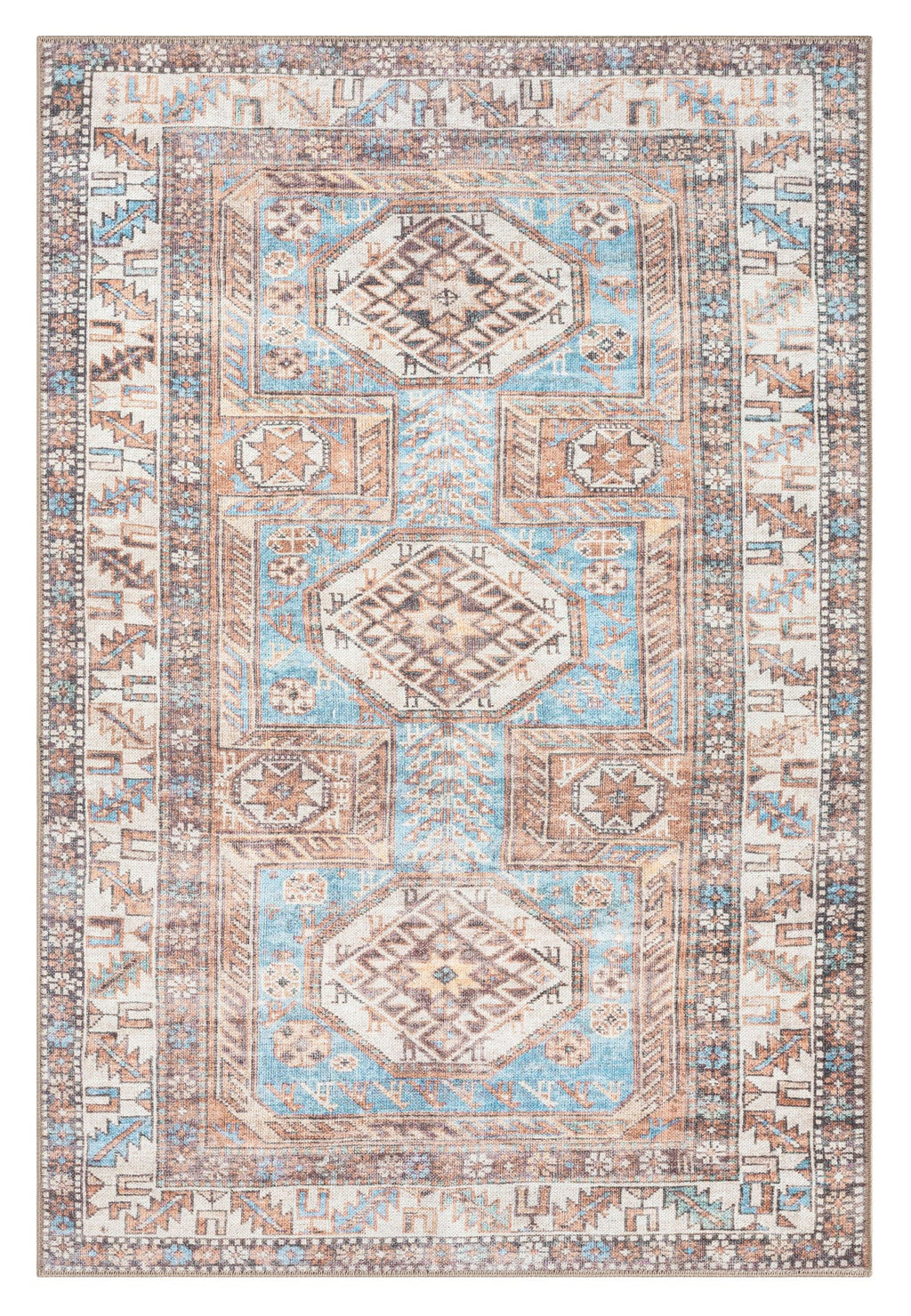 Nazri Orange and Blue Traditional Distressed Washable Rug