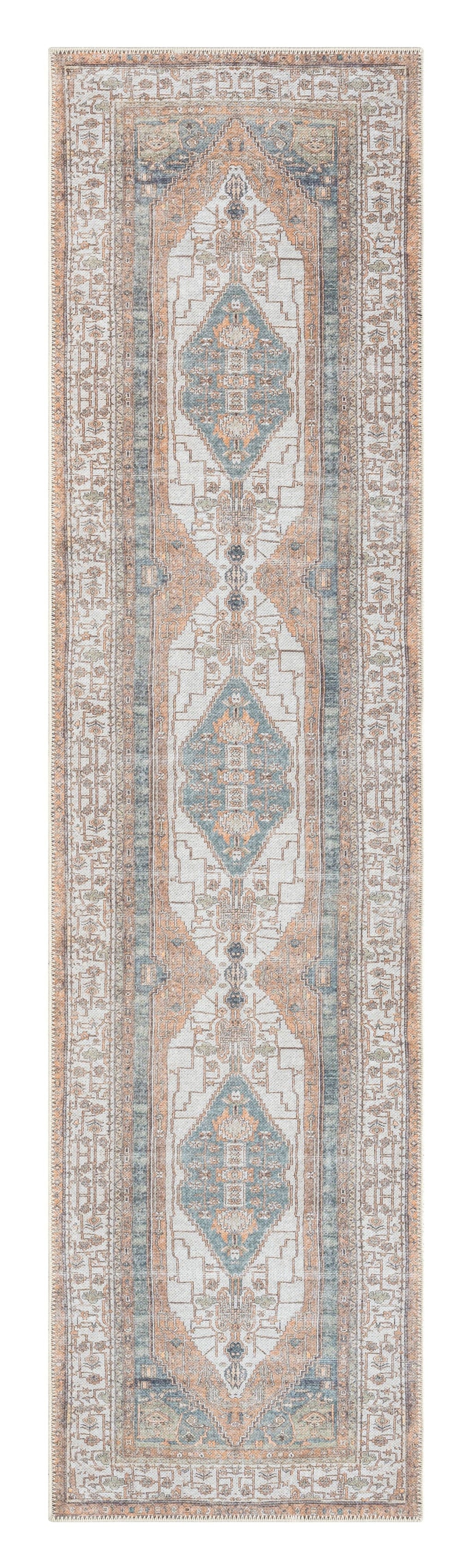 Priya Orange and Green Traditional Distressed Washable Runner Rug