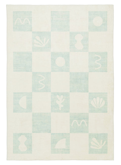 Tara Blue and Cream Checkered Washable Rug