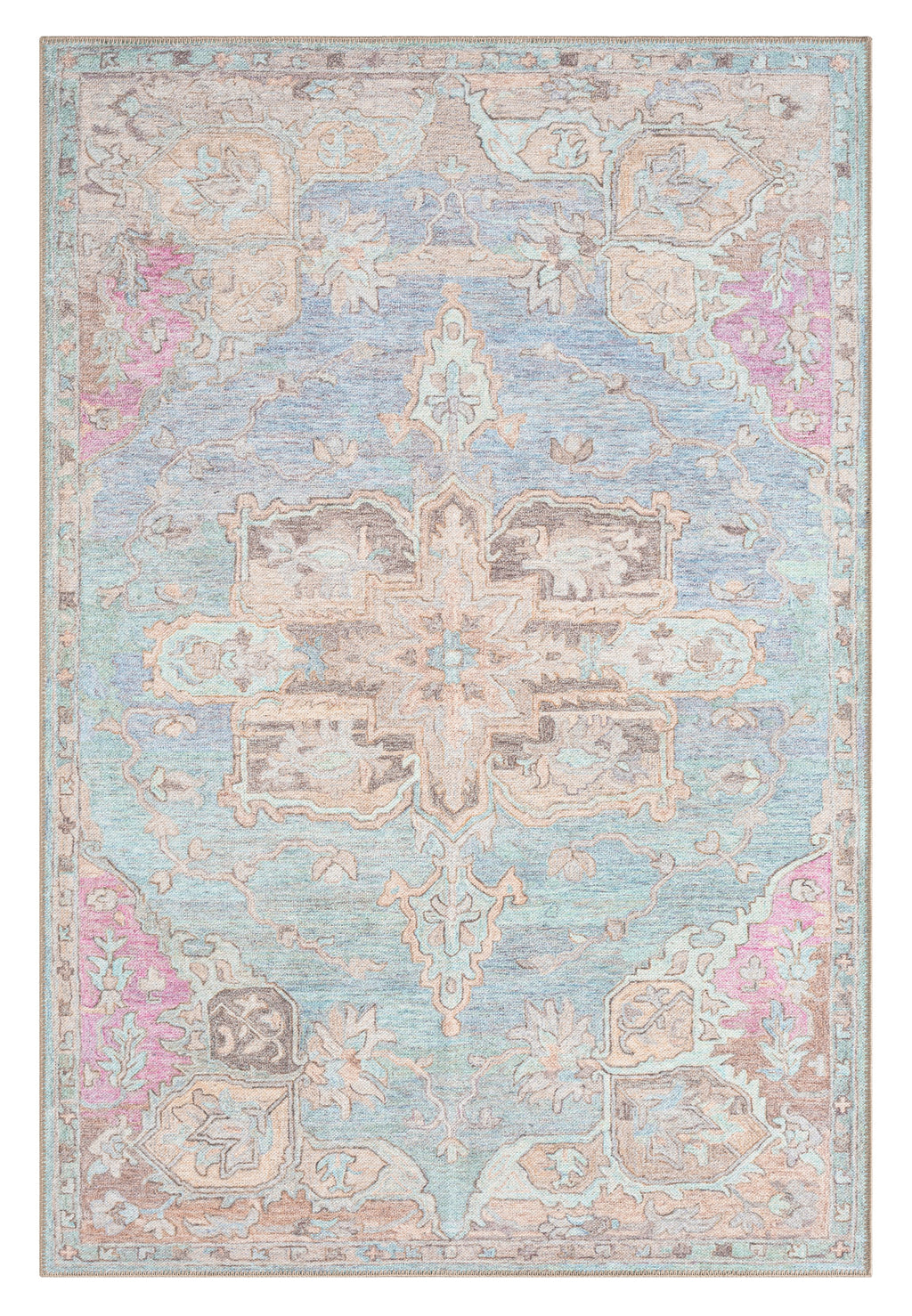 Tavi Blue and Pink Multi-Colour Distressed Washable Rug