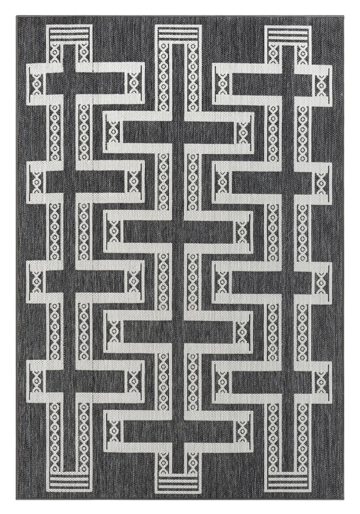 Teyona Charcoal and Ivory Tribal Flatweave Indoor Outdoor Rug