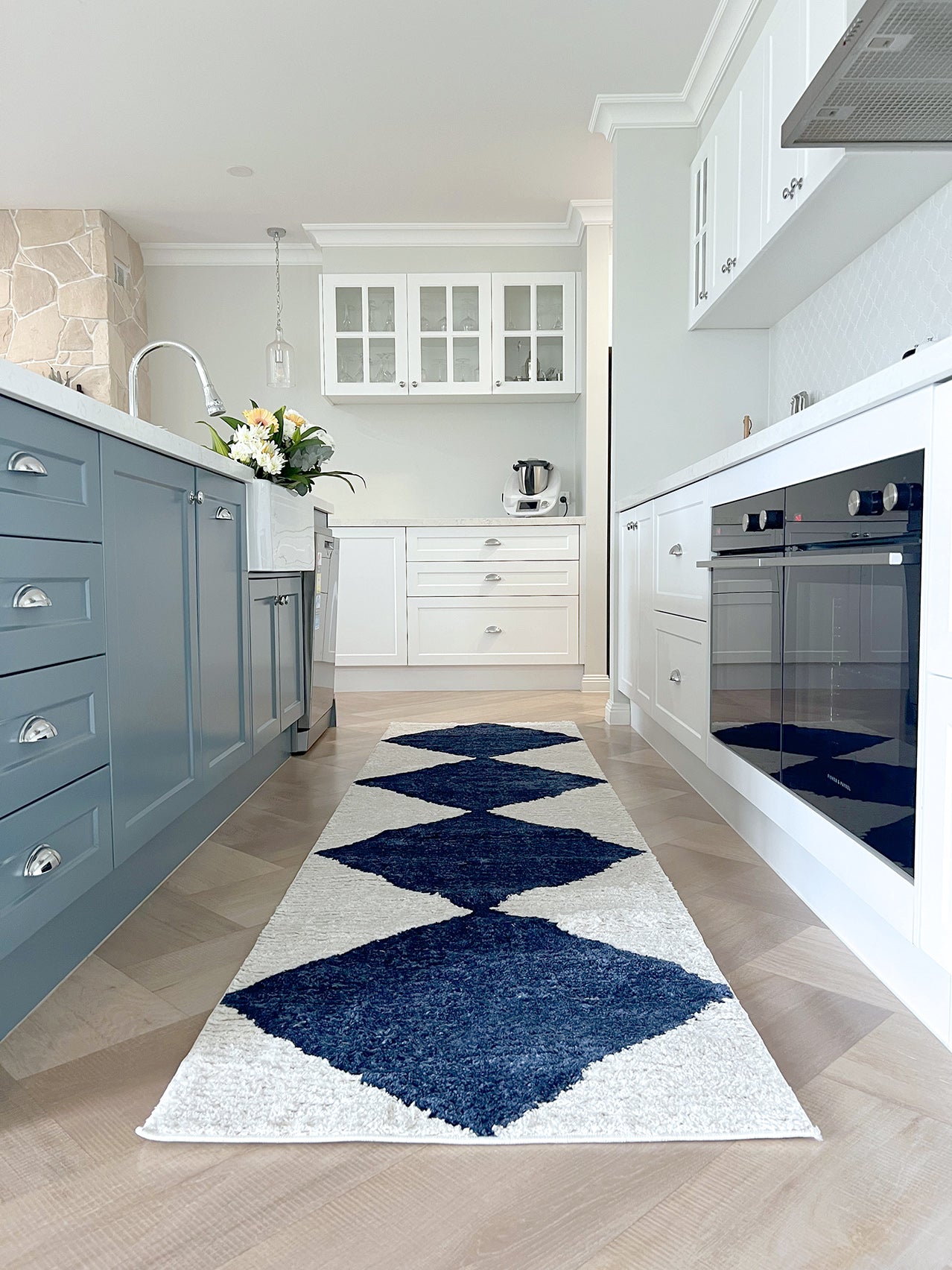 Blythe Ivory and Blue Checkered Runner Rug