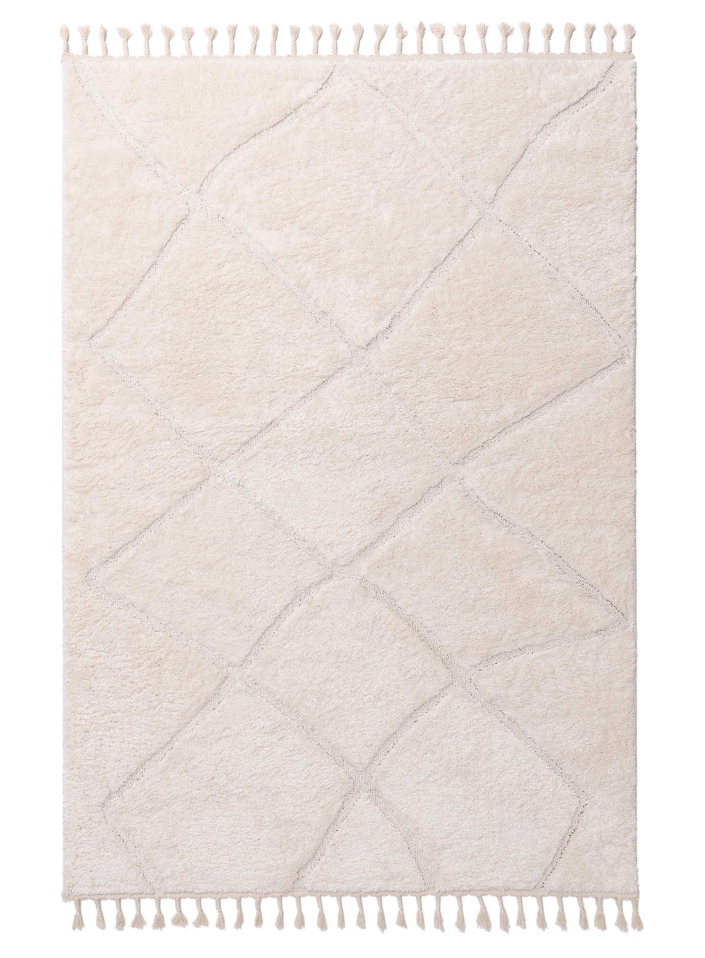 Calypso Ivory Cream Textured Tribal Tassel Rug
