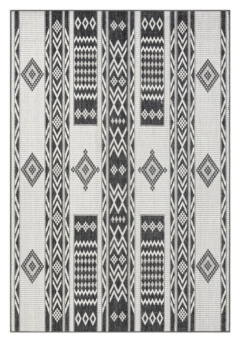 Chenoa Charcoal and Ivory Tribal Flatweave Indoor Outdoor Rug