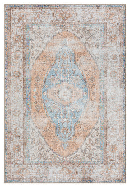Halima Orange and Blue Traditional Distressed Washable Rug