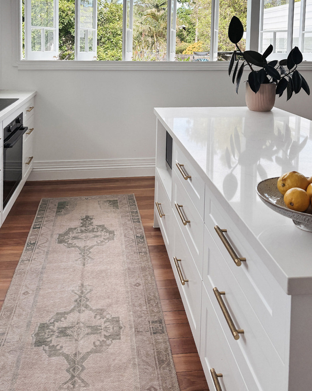 Janella Beige and Green Medallion Washable Runner Rug