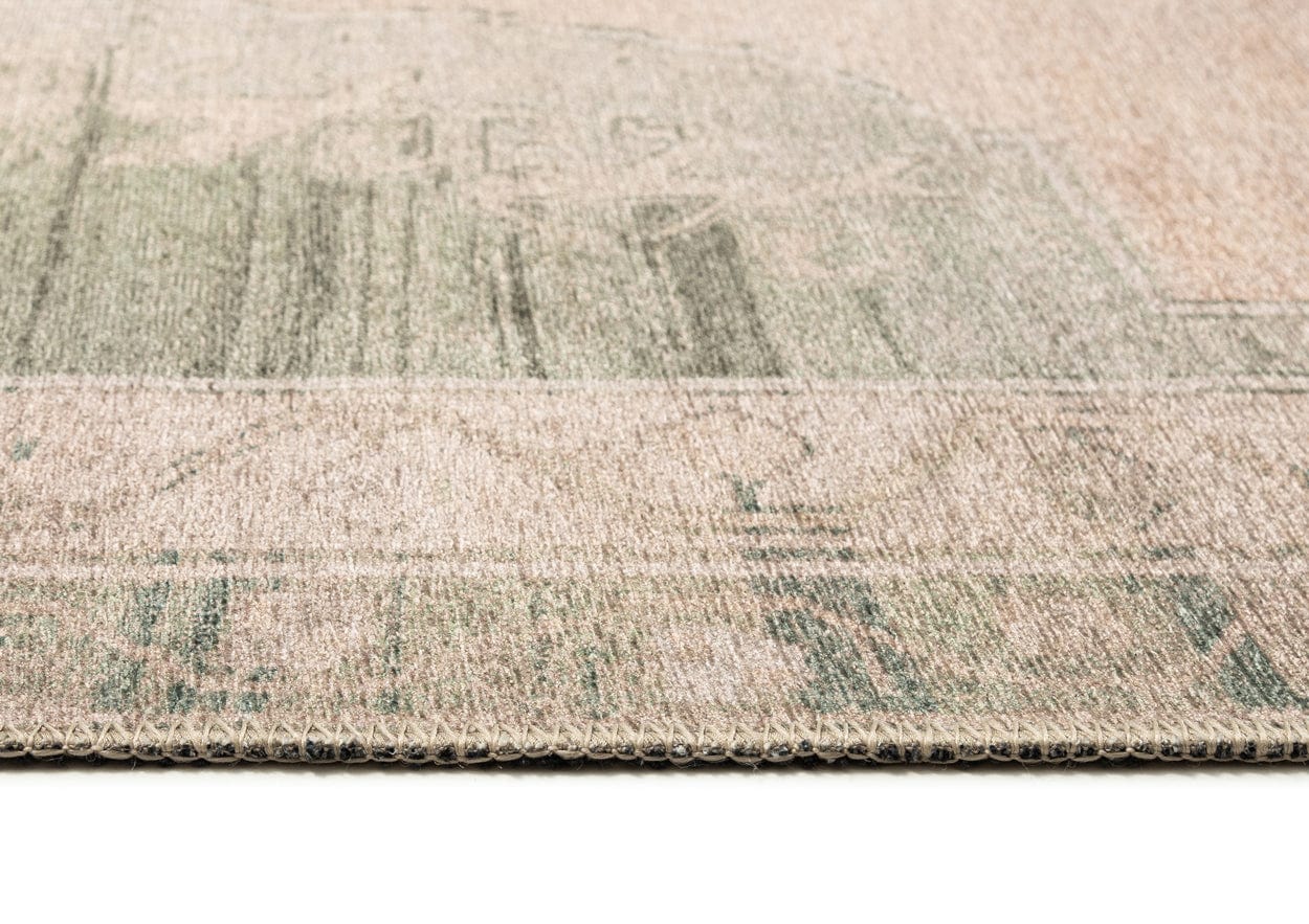 Janella Beige and Green Medallion Washable Rug