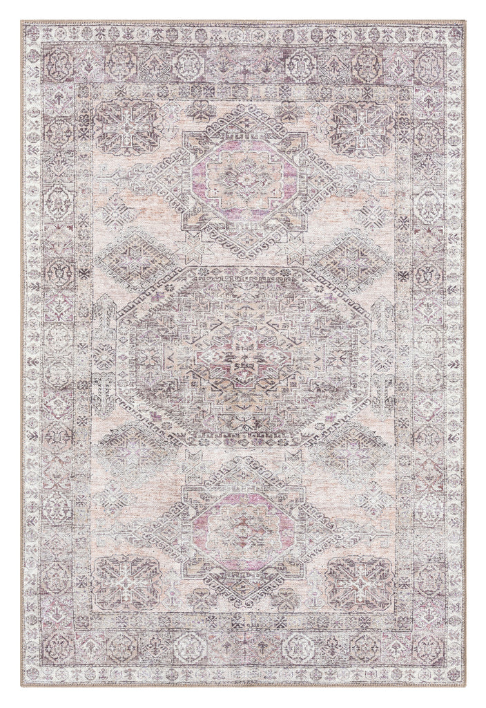 Mindi Grey and Pink Traditional Distressed Washable Rug