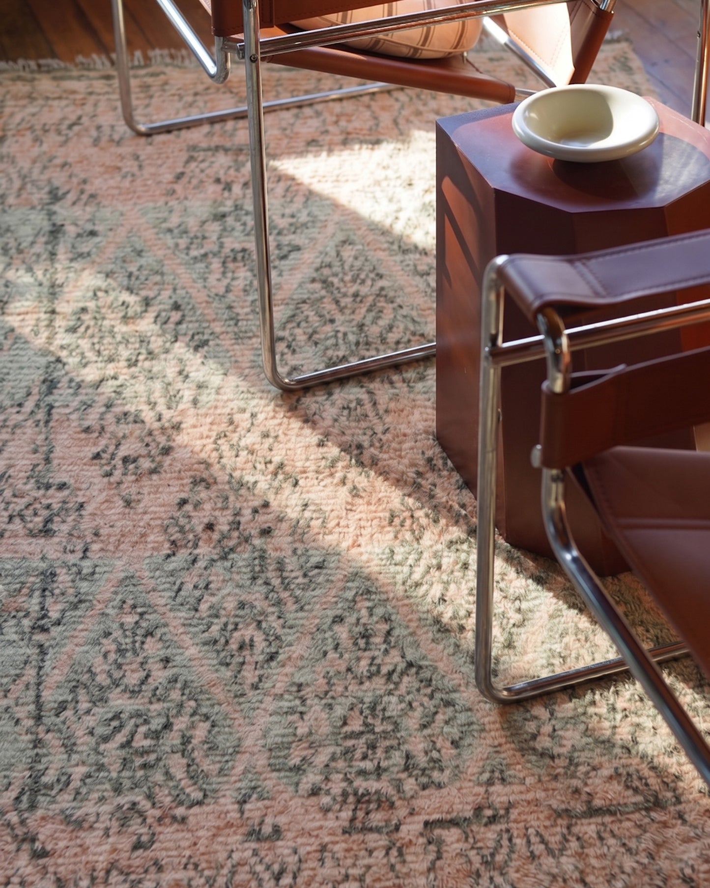 Monika Peach and Green Abstract Diamond Wool Rug