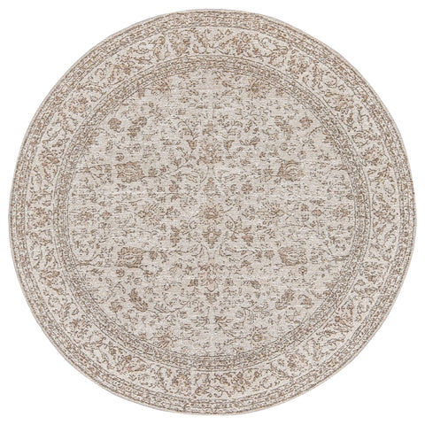 Moselle Beige and Brown Floral Distressed Round Rug