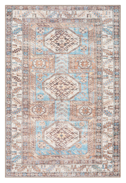 Nazri Orange and Blue Traditional Distressed Washable Rug