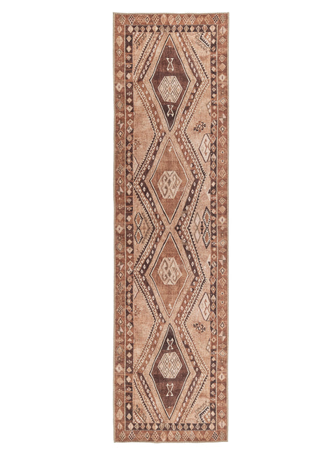 Necha Beige and Brown Tribal Washable Runner Rug