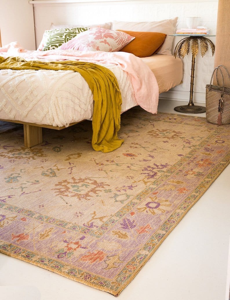 Olivia Boho Traditional Beige Purple and Coral Rug