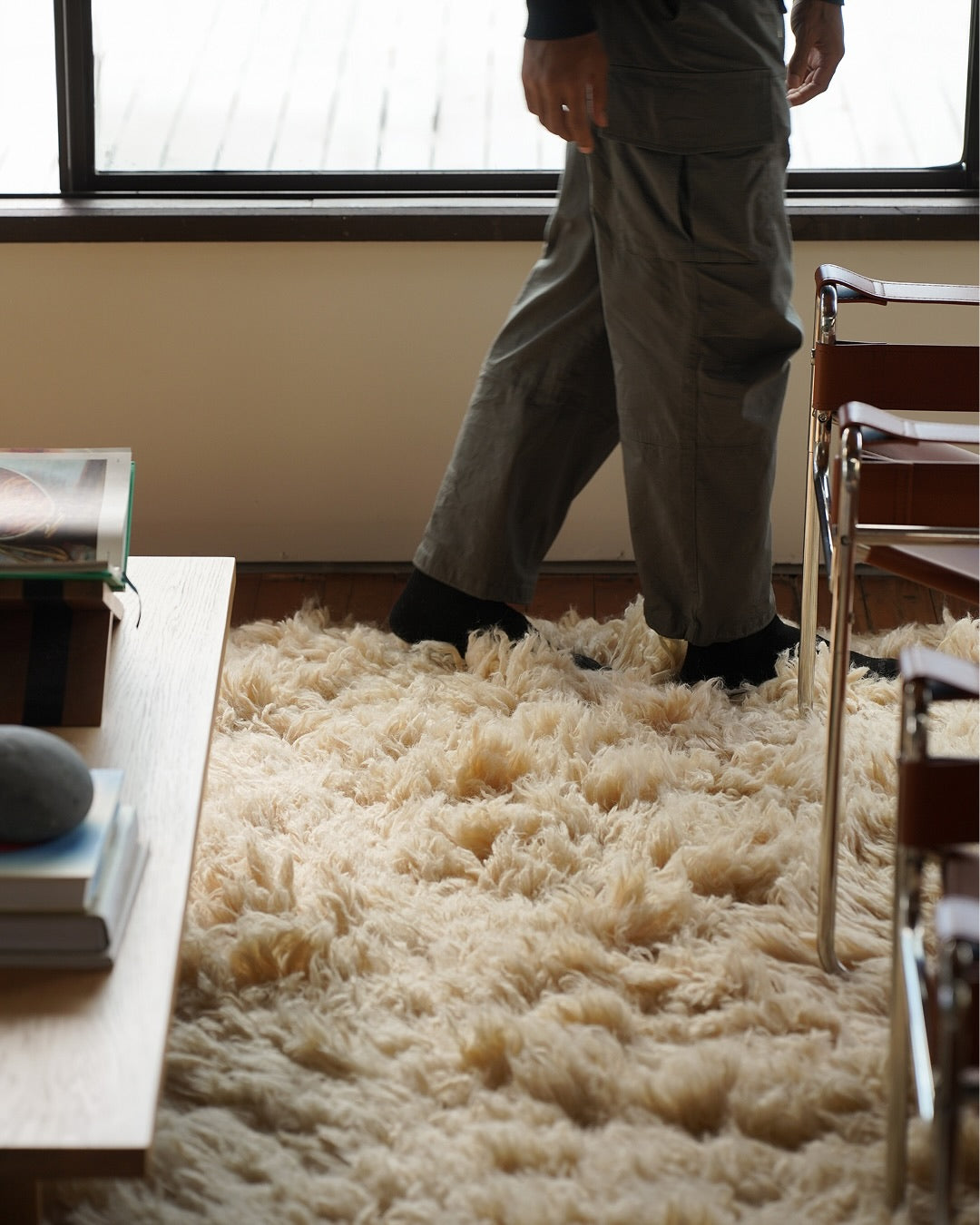 Oracene Beige Deep Pile Wool Shag Rug