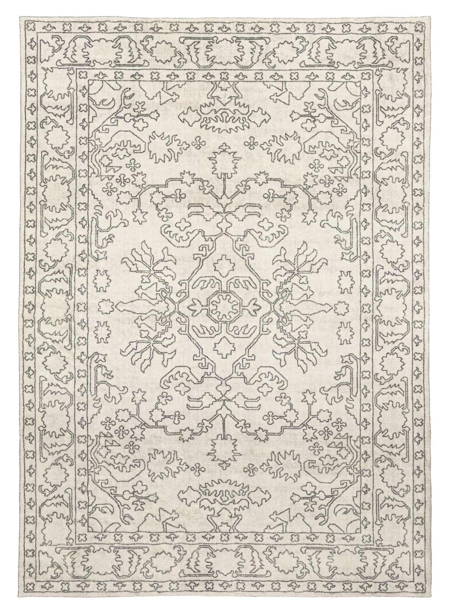 Rosalie Grey Cream Traditional Distressed Washable Rug