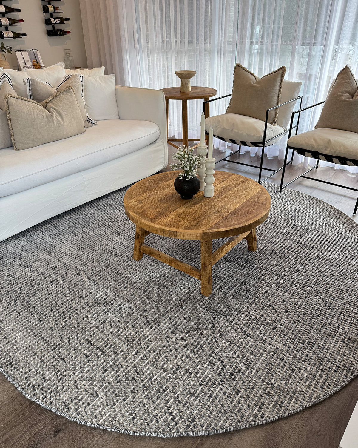 Round Grey Rug Wool Vaasa Marbled Grey Chunky Wool Round Rug